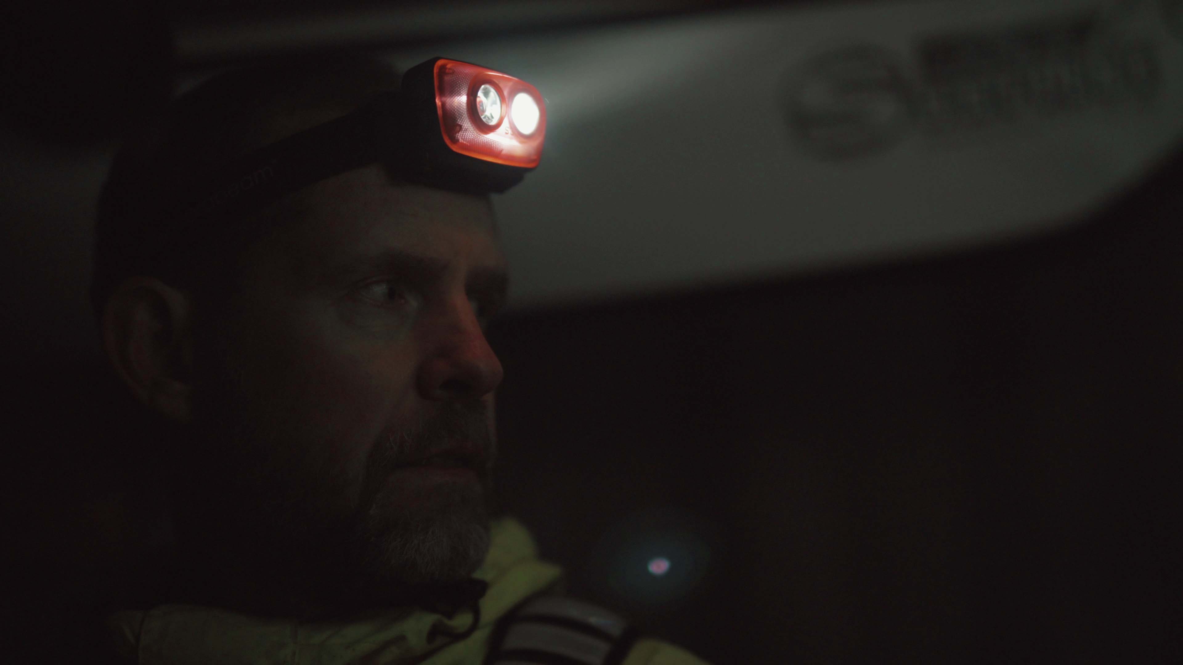 Kayaker with headlamp Kayaker sailing on a dark morning with his Suprabeam S3 headlamp